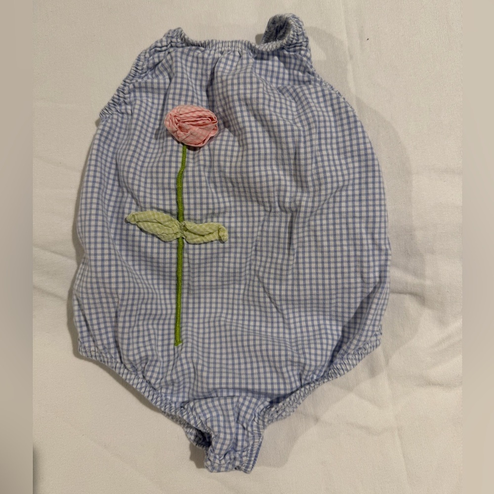 CottonTail Originals Blue Gingham Baby Swimsuit / Romper Pink Flower Applique